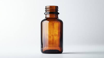 Amber glass dropper bottle with black lid on reflective surface background.