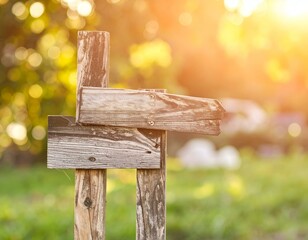 Fototapeta premium Rustic wooden signpost in a sunlit field. Perfect for travel, nature, or direction concepts.