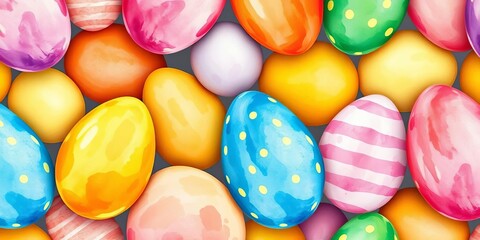 Whimsical watercolor Easter egg pattern; bright colors, hand-drawn texture, seamless repeat for spring designs, decoration, art