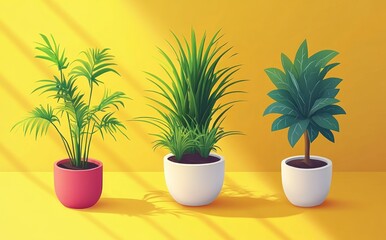Fototapeta premium Three potted green plants with distinct leafy shapes casting shadows on a bright yellow background, evoking a fresh and vibrant indoor atmosphere