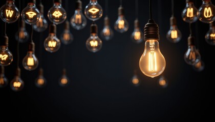 Hanging light bulbs illuminating a dark background