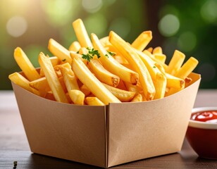 French Fries in Kraft Paper Box with Spicy Sauce on the Side Generative AI