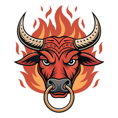 Fiery bull head, adorned with a ring, intense red brow, engulfed in swirling flames.  Detailed rendering required.