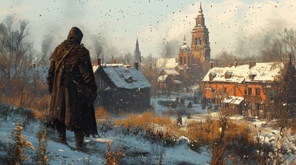 Snowy winter village scene with a solitary figure.