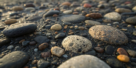 A photograph of a close-up view of a rocky surface covered with various small-sized rocks and pebbles