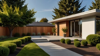 Modern home exterior with landscaping and patio.