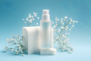 Plastic Bottle of a Beauty Product on a Soft Blue Background