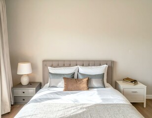 Serene bedroom interior with neutral tones, plush bedding, and soft lighting.  A minimalist and elegant design.