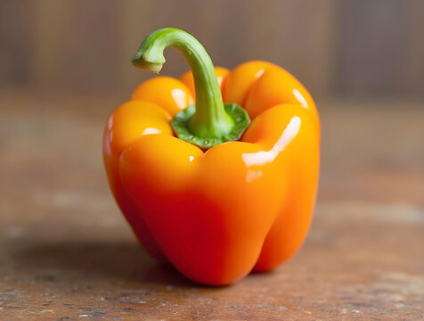 An orange bell pepper with a smooth, glossy skin and a bright green stem sits on a textured brown surface