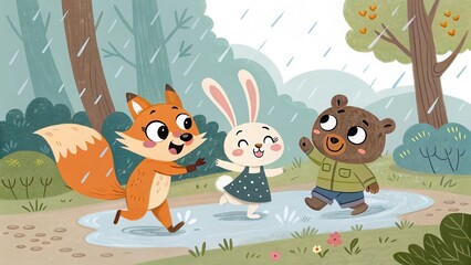 Naklejka premium Animals Playing in Rain Puddle