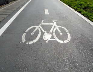 Bicycle lane marking on asphalt road.  White bicycle symbol on grey road surface.