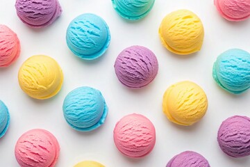 Close up isolated colorful ice cream scoops assorted flavors detailed view