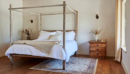 Rustic Bedroom with Four Poster Wooden Bed. Cozy bedroom featuring a distressed wooden bed, white linens, beige throw, patterned rug, wooden nightstand, dried flowers, and light streaming in.