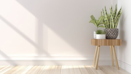 Elegant Wooden Side Table Displaying Potted Plants in a Bright, Minimalist Living Space with Natural Light