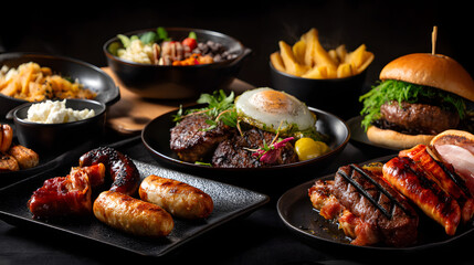 A vibrant spread of delicious grilled meats and sides on a dark table, showcasing various culinary delights.