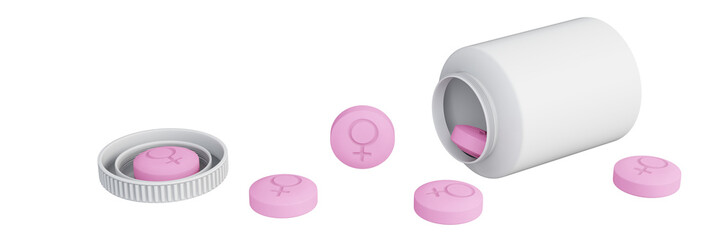 Female hormone pills isolated on transparent background. Estrogen hormone therapy. Hormone pills with female symbol spilling out of the bottle. 3d illustration.