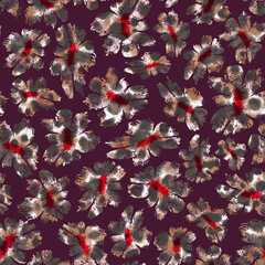 Pattern with flowers silhouette with animalistic skin color on bordo background.  Print for womenwear, kidswear, home textile.