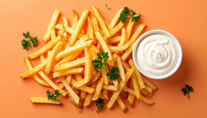 French Fries with Dip on Vibrant Orange Modern Street Food Concept Generative AI