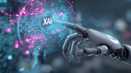 Robotic hand reaching out to touch glowing XAI explainable AI hologram, surrounded by neural networks and schematic data layers, futuristic AI interface