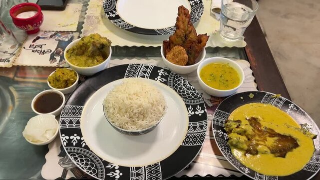 Traditional Bengali food platter served in Poila Boisakh in a restaurant in Kolkata