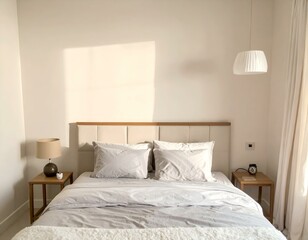 Serene bedroom with neutral tones, sunlight streaming through sheer curtains. Minimalist aesthetic, perfect for relaxation and peaceful mornings.