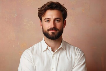 Obraz premium portrait of a young man with brown hair and beard wearing a white shirt against a textured beige background showing confidence and calmness