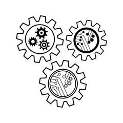 set of interconnected gears with brain, circuit, and leaf icons representing innovation