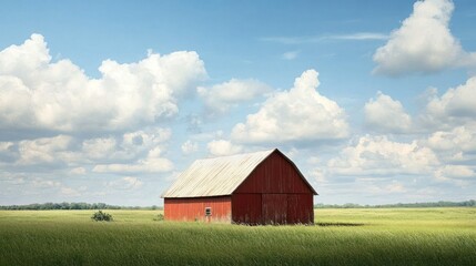 Obraz premium Serene Countryside: Red Barn Under a Summer Sky
