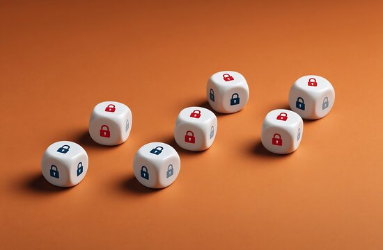 Secure Data Concept White Dice with Padlock Symbols on Orange Background Illustrating Cybersecurity and Data Protection
