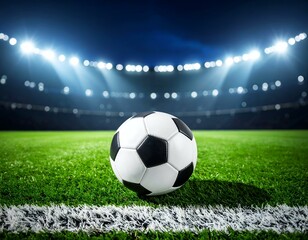 Soccer ball on a green field at night, under stadium lights.  Ready for the big game!