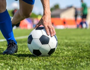 Obraz premium Close-up of a soccer player's hand on a ball. Focus on the ball and hand, with blurred background of a soccer field.