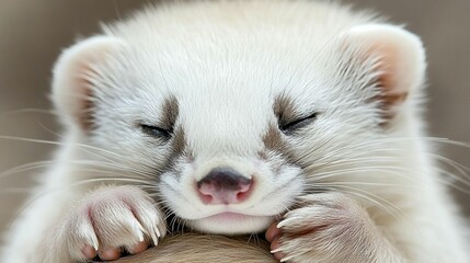 Fototapeta premium Sleepy, fluffy white ferret resting its paws on a surface