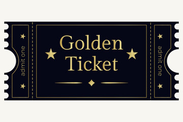 Golden ticket for cinema, wedding, theater, festival, on white background, stars, gold, ticket, sample, graphic element