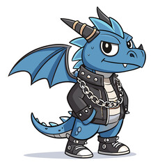 Create a cute chibi dragon wearing stylish streetwear armor, adorned with silver chains and edgy details.  The dragon should have a playful expression.