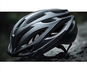 Modern black aerodynamic bicycle helmet with multiple ventilation holes resting on a rock with a blurred natural background