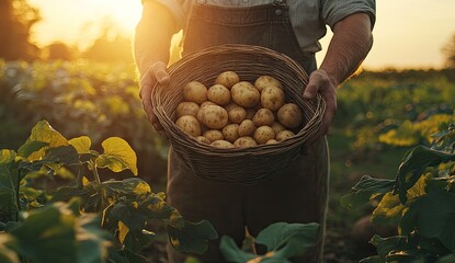 A farmer holds a basket of freshly harvested potatoes in a sunlit field
