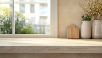 Empty wooden table in front of window, mockup for product display montage