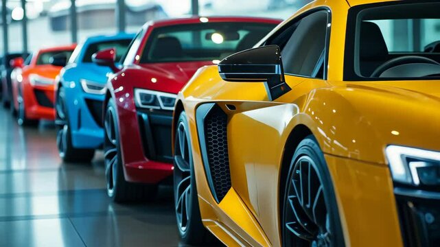 Close-up of white premium car displayed in showroom or salon. Modern design and luxury of luxury cars. Premium cars