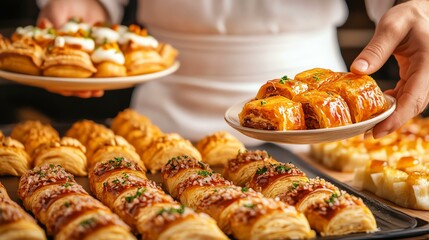 A chef presenting a variety of freshly baked pastries, including croissants and danishes, highlighting the art of baking and gourmet cuisine.