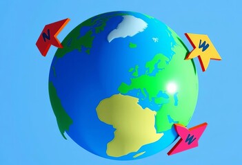 Simple globe illustration with directional markers (N, S, W), template, icon