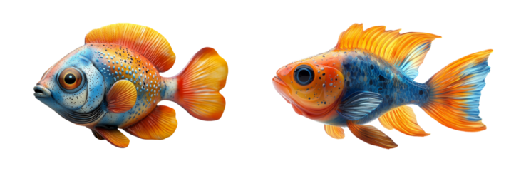 Colorful fish with vibrant scales and fins, showcasing blend of blue, orange, and yellow hues, swimming gracefully in lively underwater scene