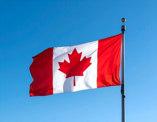 Canadian flag waving against a clear blue sky. Perfect for patriotic, nationalistic, and celebratory projects.