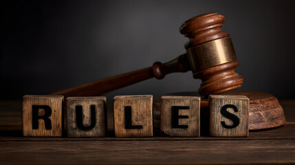 A wooden gavel and blocks spelling 'RULES' sit on a rustic table, symbolizing law and order.