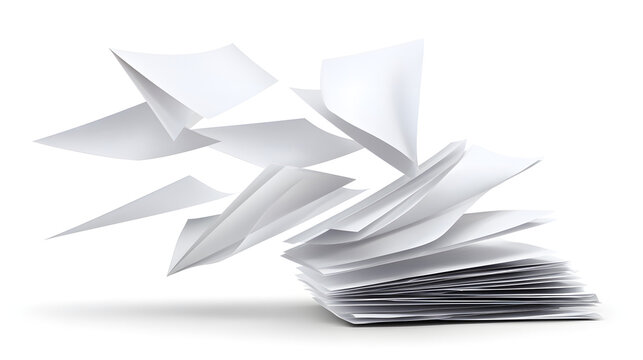A dynamic pile of white papers scattering in mid-air, symbolizing creativity and organization.