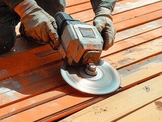 Close-up of a person wearing gloves using an angle grinder to sand and polish wooden planks