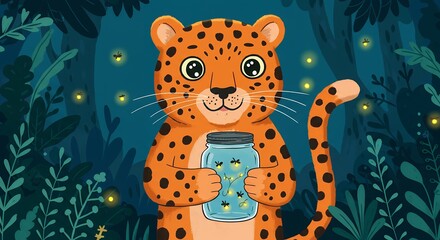 Friendly leopard with firefly jar in forest