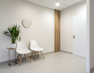 Minimalist waiting room interior with two white chairs, a plant, and a wooden accent wall. Perfect for modern office or clinic design inspiration.