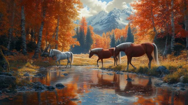 Majestic Horses in Autumnal Mountain Landscape
