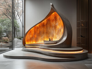 Sculptural luxury product stand with unique design, featuring warm orange lighting and smooth curves, creates inviting atmosphere