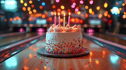 Colorful teen birthday cake with lit candles ready to celebrate a fun bowling party with friends